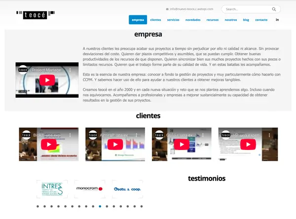 Logo antiguo de TEOCÉ a la izquierda el menu en azul a la derecha una imagen de video a la izquierda abajo y mucho texto.Luego 4 videos abajo.