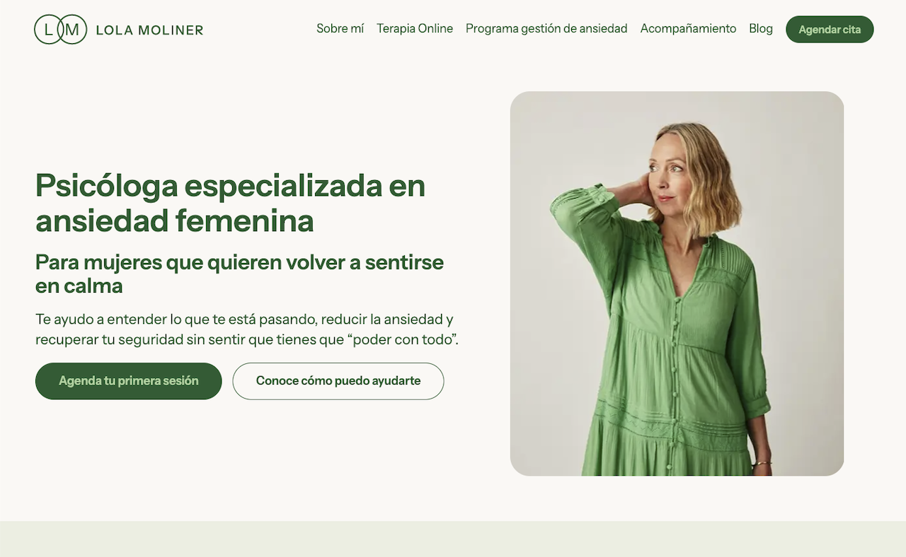 Portada de una web de psicóloga especializada en ansiedad femenina