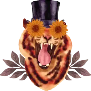 Ilustración de tigre con flores en los ojos y un sombrero