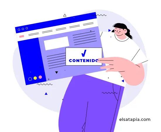 Ilustración de persona sosteniendo una web con la palabra contenido en una imagen
