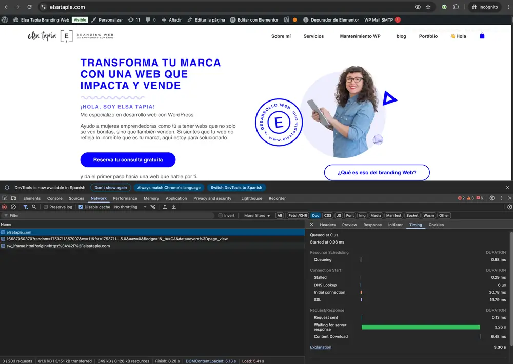 captura de imagen de la web comprobando el TTF